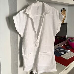White linen Romper with Pockets